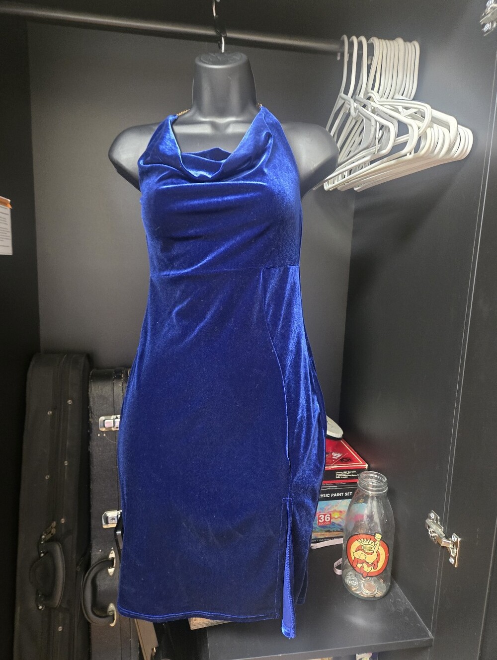 Fashion Nova Royal Blue Velvet Chain Strap Cowl Neck Dress XS